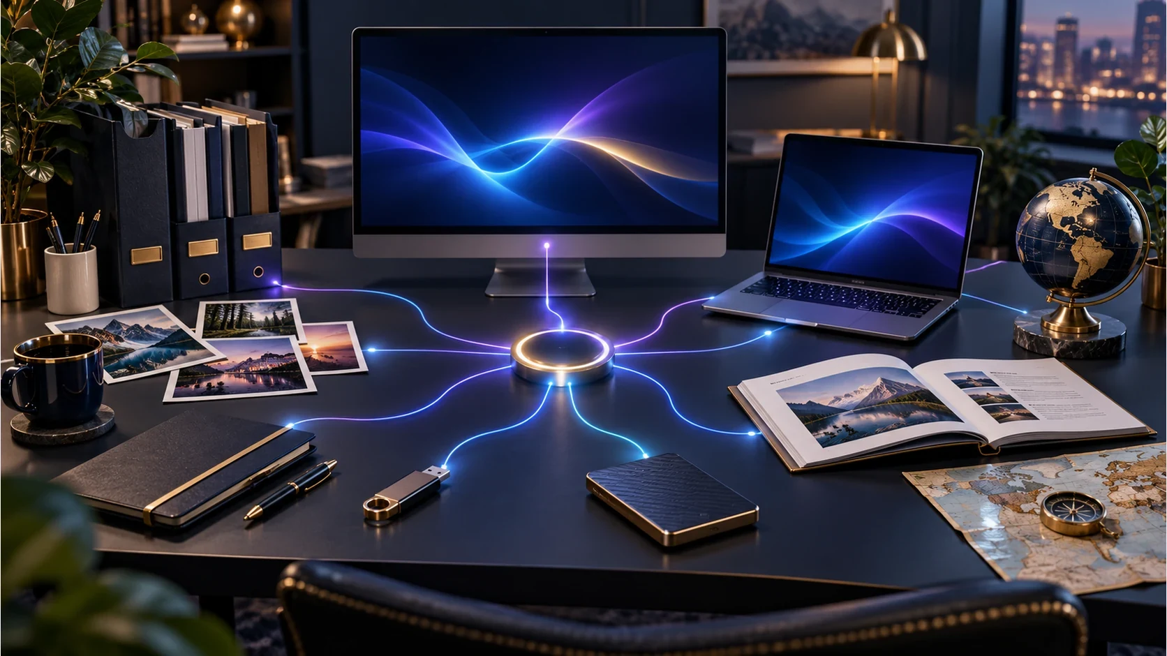 Illustration of a connected desktop workspace with local files and devices